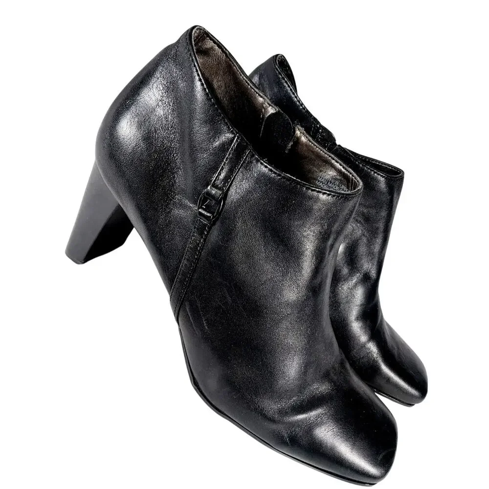 JENNIFER MOORE! BLACK GENUINE LEATHER RECTANGULAR HEEL, ZIP ANKLE BOOTS! SZ 9M
